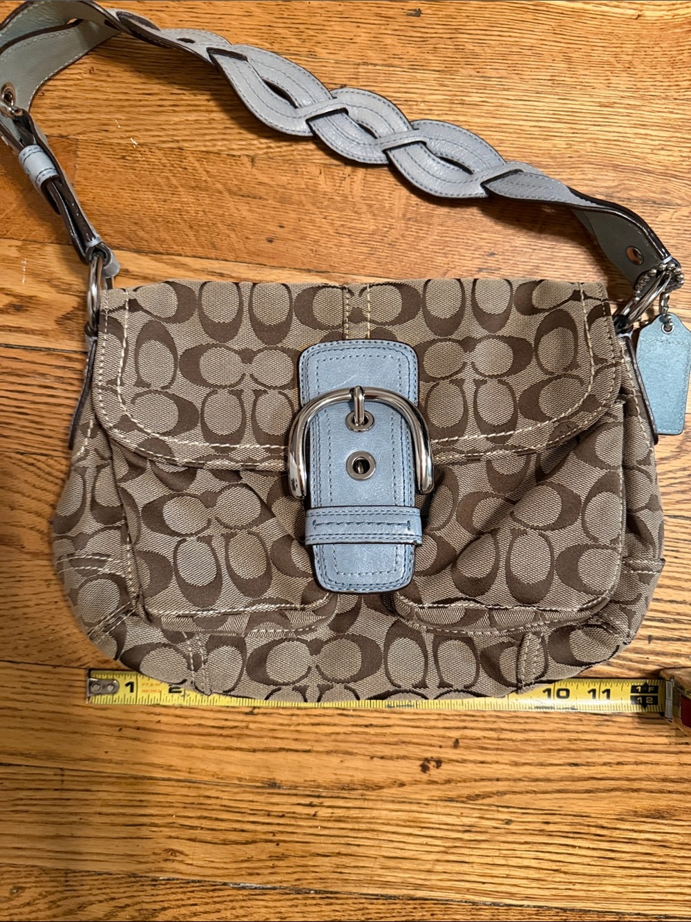 Coach soho flap Tan Signature Canvas Shoulder Bag with Light Blue Trim vintage - Picture 7 of 8